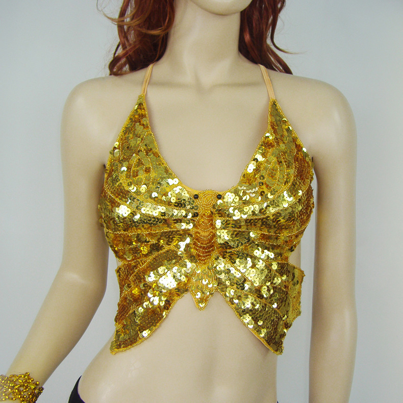 Shiny Sexy Women Halter Back Lace-up Festival Raves Crop Top Tribal Belly Dance Beaded Sequin Top Padded Bandage Bra 220504