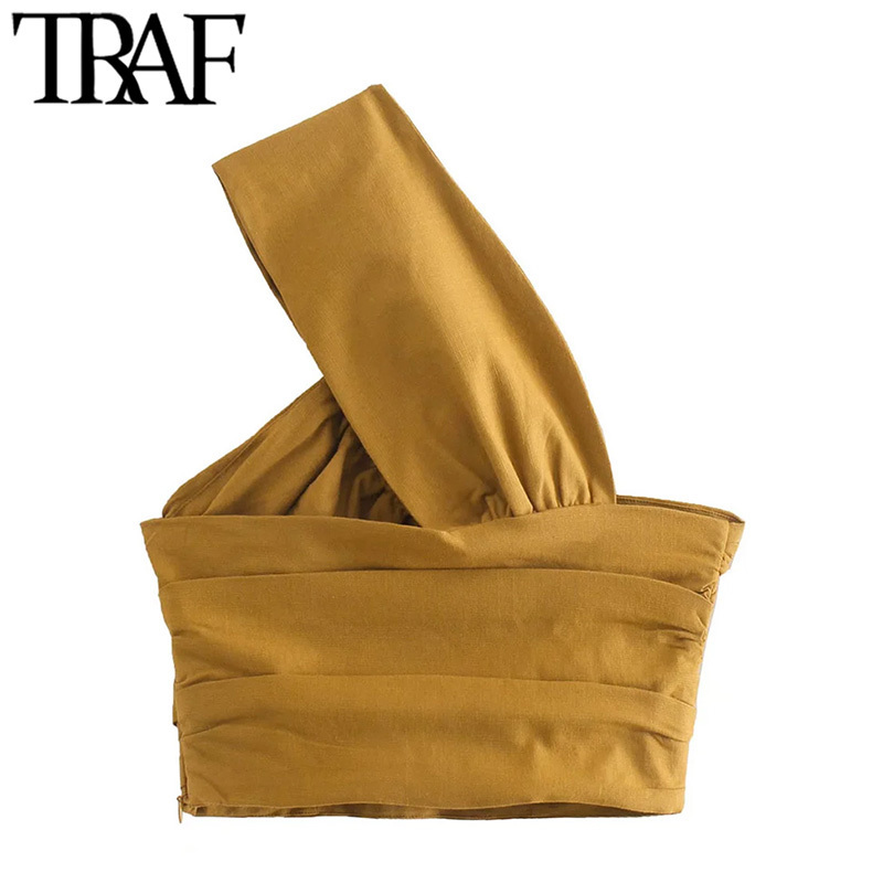 TRAF Women Sexy Fashion Pleated Asymmetry Linen Crop Tank Tops Vintage One Shoulder Side Zipper Female Camis Mujer 220325