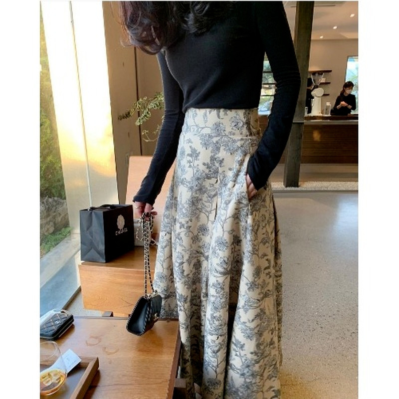 Skirts Korean Chic Vintage High Waist Print Big Swing Women Mujer Faldas Loose Elegant Temperament Clothing Fashion 220322