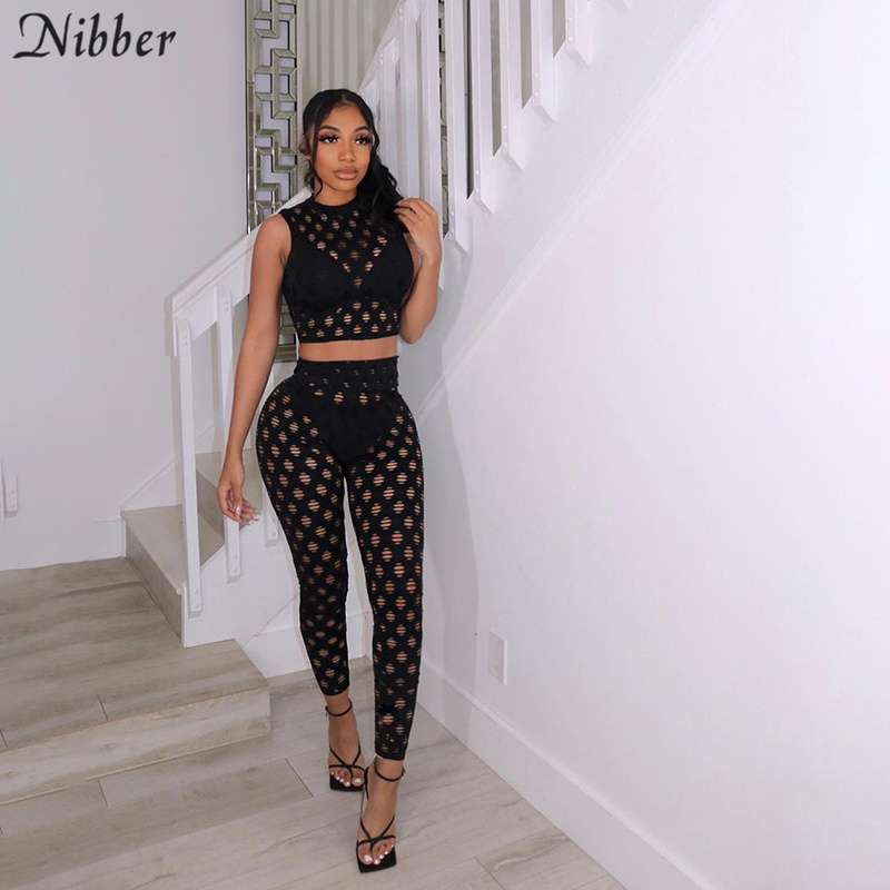 Nibber Fashion Mesh Sexy 2 Two Piece Set Women Sleeveless Crop top And skinny pants Summer Club Party Vacation Outfits 220602