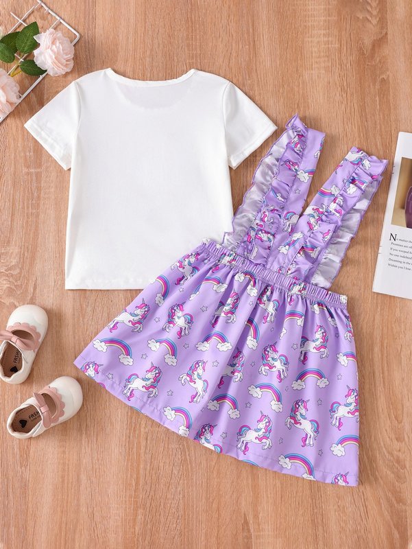 Toddler Girls Floral & Unicorn Print Tee & Ruffle Trim Pinafore Skirt SHE