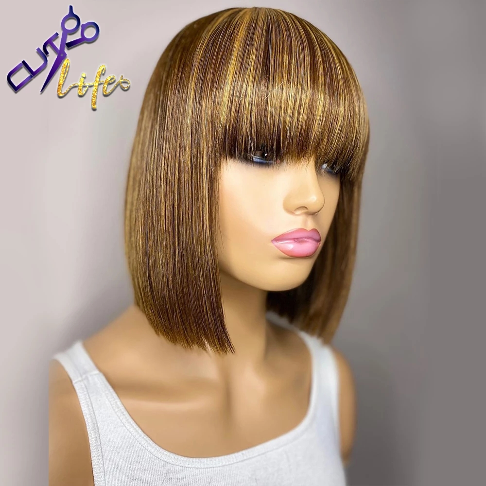 Free shipping 180density Highlight Blonde Ombre Straight Short Bob Wig Human Hair No Lace Wigs With Bangs For Black Women