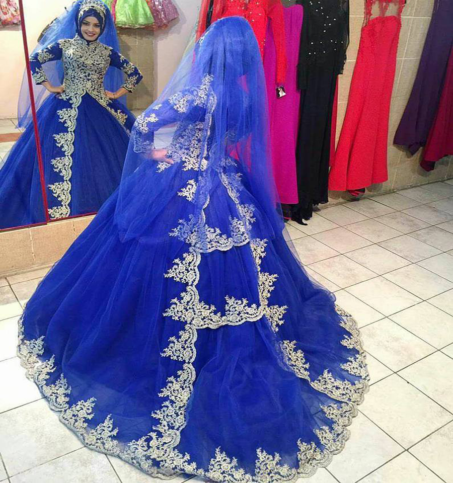 Elegant Royal Blue Muslim Wedding Dress 2022 Long Sleeve Lace Arabic Dubai Church Bridal Dresses Appliques Lace Robe De Mariage Reception Engagement V