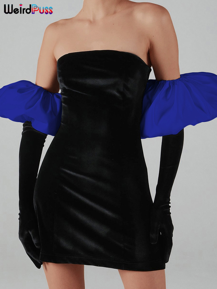 Weird Puss Women Strapless Velvet Dress Elastic Bodycon With Clouds Gloves Birthday Vacation Party French Romantics Streetwear 220406