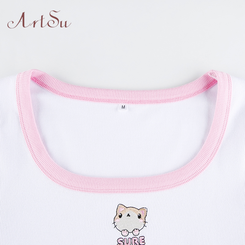 Artsu Streetwear Cartoon Embroidery Crop Top Patchwork Rib Knitted T Shirt Women Harajuku Long Sleeve Slim Basic Tee TS41677 220714