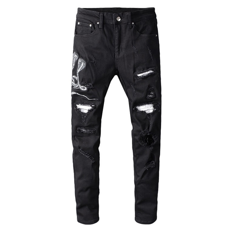 Sokotoo Men's snake embroidered black ripped jeans Slim skinny holes patchwork stretch denim pants T200614
Sokotoo Men's snake embroidered black ripped jeans Slim skinny holes patchwork stretch denim pants T200614