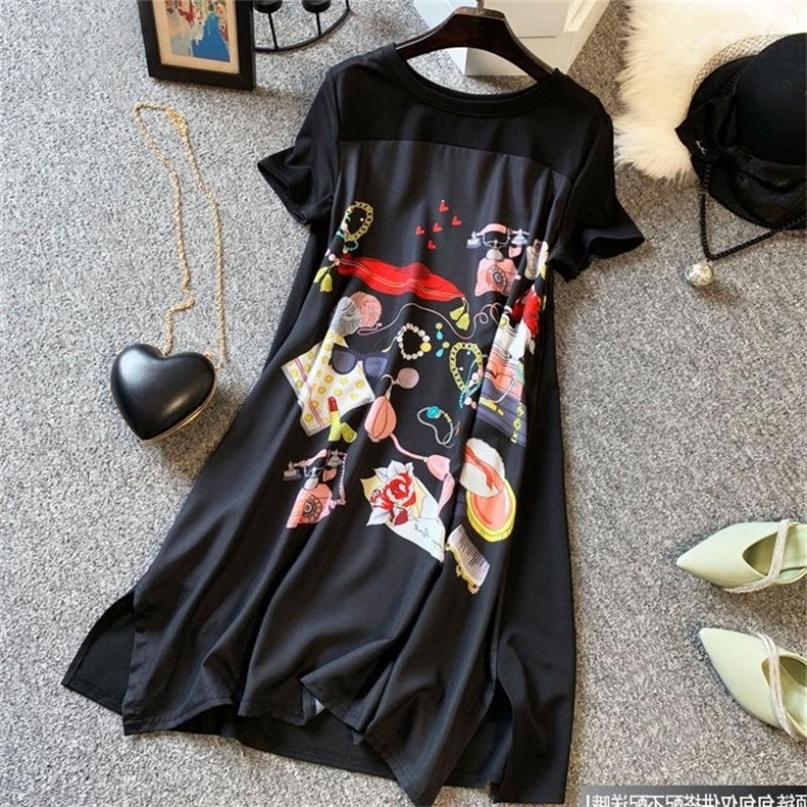 Summer Dress Women Large Size Slimming Loose Fashion Belly covering Length Black Spliced Printing Vintage Oversized 220613