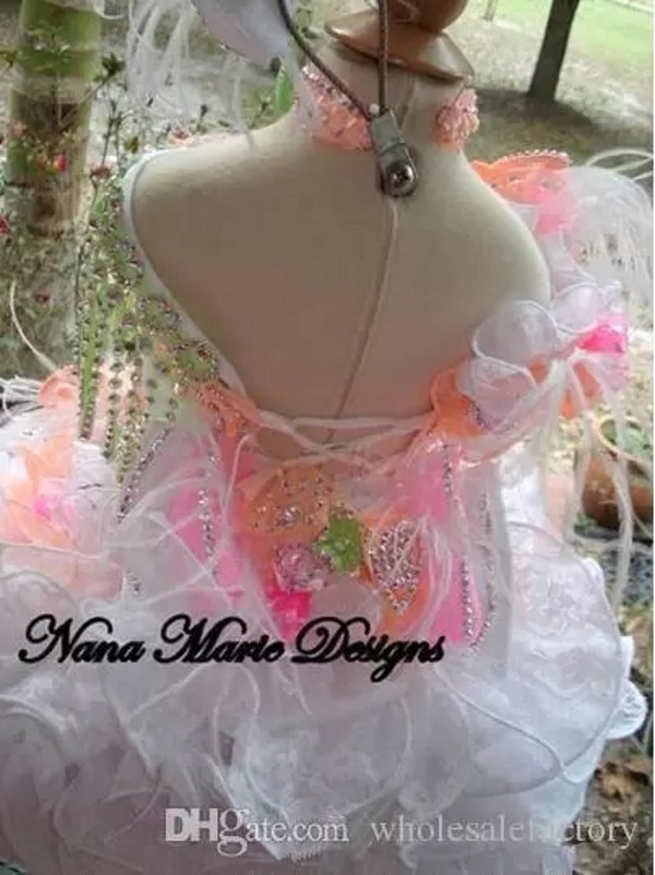 Pink Cute Toddler A Line Girls Glitz Pageant Dresses Beads Crystals Flowers Feather Organza Flower Girl Dresses Cupcake Dress