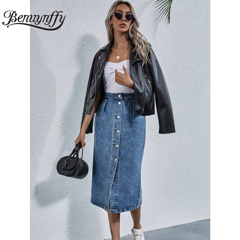 Benuynffy Single Breasted Knee Length Denim Skirt Women Streetwear Casual Pocket High Waist Straight Jeans Skirt 220701