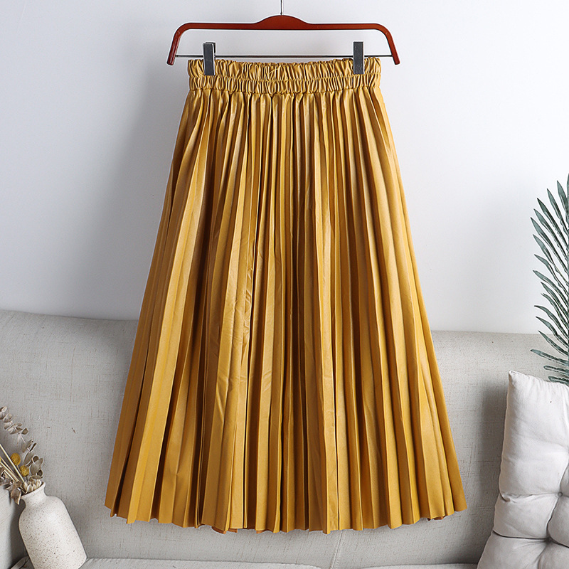 Autumn Winter Women Midi-Calf PU Leather Elastic Waist Pleated Skirts Office Ladies High A-Line Harajuku Skirt DS288 220322