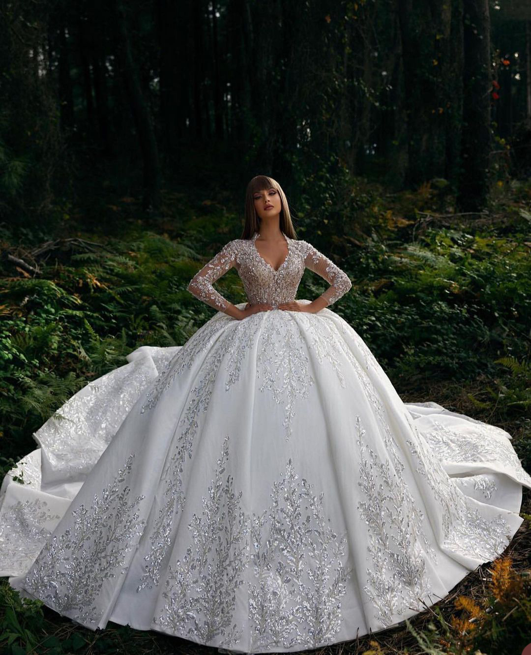 Elegant Ball Gown Wedding Dresses V Neck Portrait Long Sleeves Sequins Appliques Lace Ruffles 3D Lace Floor Length Luxury Bridal Gowns Plus Size robes