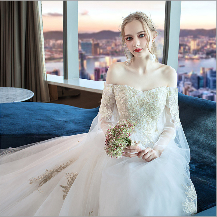 Elegant Wedding Dresse A-Line Strapless Long Sleeve Gold Applique Sweep Train Organza Lace Custom Made Pearl Vestidos De Novia Real picture