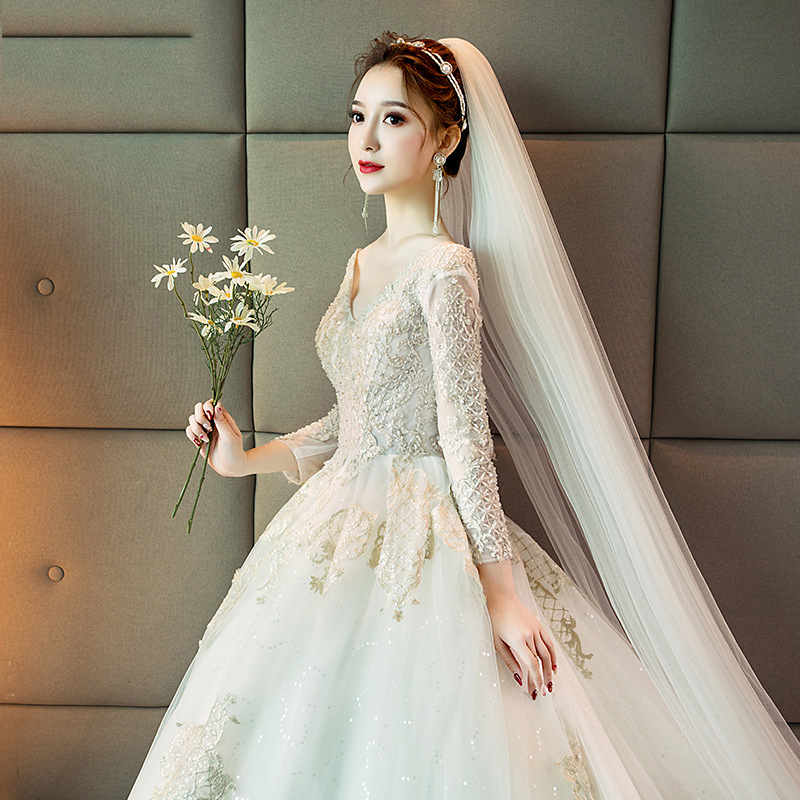 White Ball Gown Charming Wedding Dresse Organza V-Neck Backless Long Sleeve Applique Lace Wedding Dress Custom Made Pearl Vestidos De Novia Real pictu