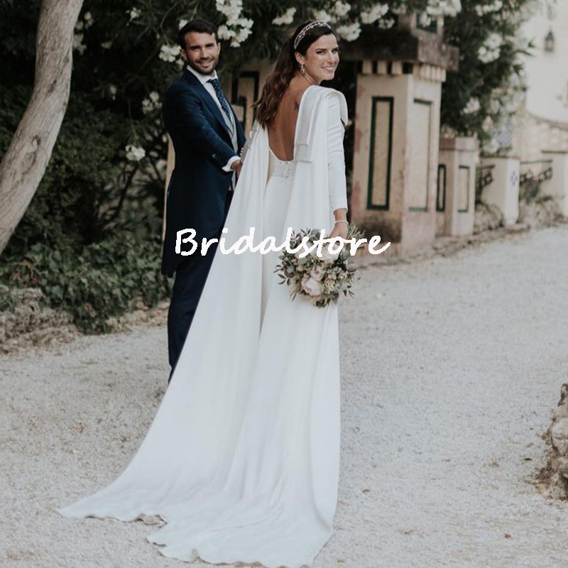 Soft Satin Boho Mermaid Wedding Dress 2022 With Ribbon Elegant O Neck Long Sleeve Bohemian Garden Wedding Gowns Backless Bride Party Wear Country Robe