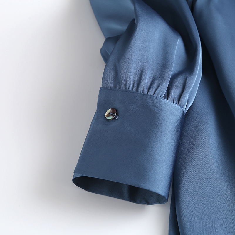 Blue Autumn Fashion Women Elegant Satin Dress Long Sleeve Office Ladies Midi Dress with Slash