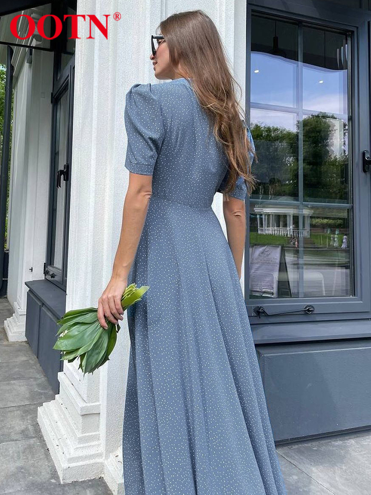 OOTN Holiday Polka Dot Summer Dress V-Neck Puff Sleeve Slit High Waist Elegant Women Dress Beach Outing Soft A-Line Maxi Dress 220511