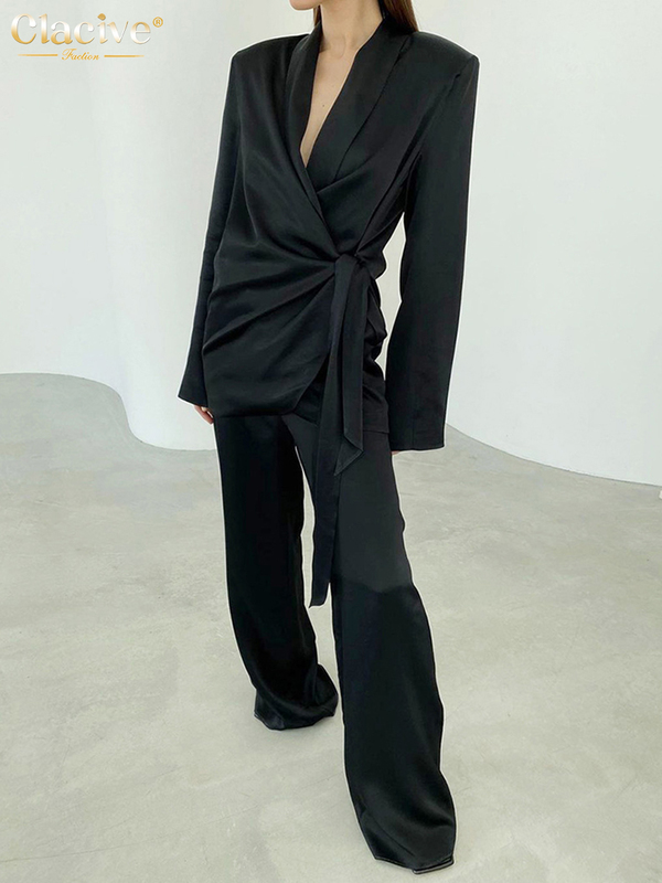 Clacive Balck Casual Satin Women Sets Autumn Long Sleeve Blazers With Wide Leg Pants Elegant Lace-Up 2 Piece Trousers 220315