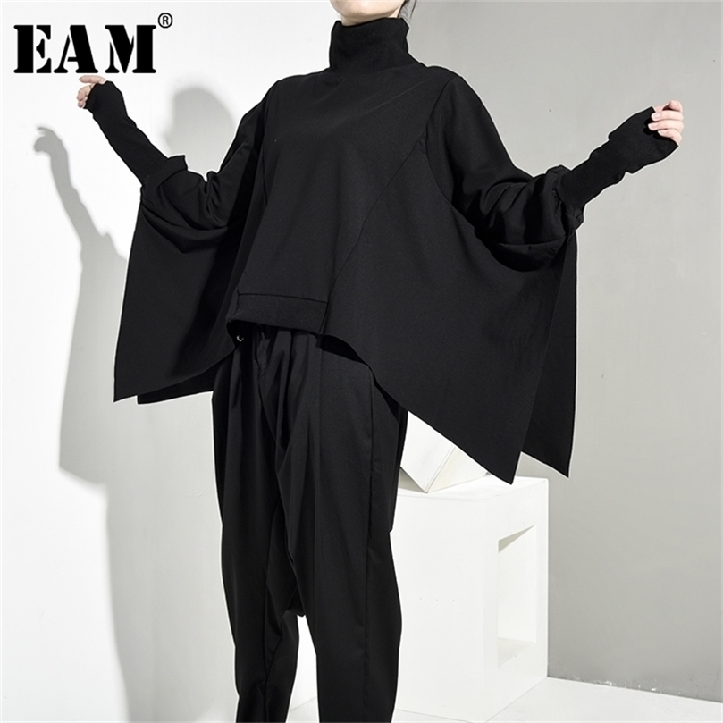 EAM Loose Fit Black Oversize Back Long Sweatshirt High Collar Long Sleeve Women Big Size Fashion Spring Autumn OA8690 201126