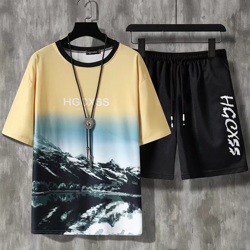 Summer Tracksuit Men Fashion Harajuku Print Short Sleeve 2 Piece Set Casual Mens Outfit Set Breathable TShirt and Sweatpants Set 220803