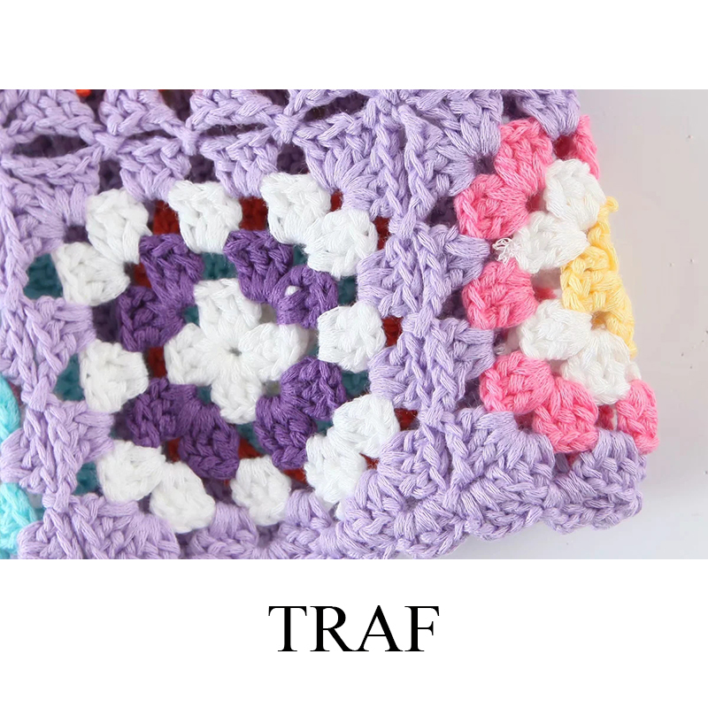 TRAF Women's Clothing Crop Top Handmade Hollow Out Crochet Plaid Flower Tanks Women Summer Knitted Multicolor Tops 220325