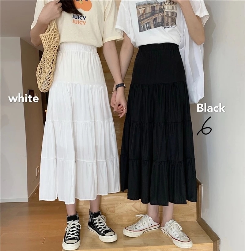 Spring Summer Women Chiffon Skirts Vintage High Waist Elastic Patchwork White Black Chic Long Cake A-line Skirt for Student 220317