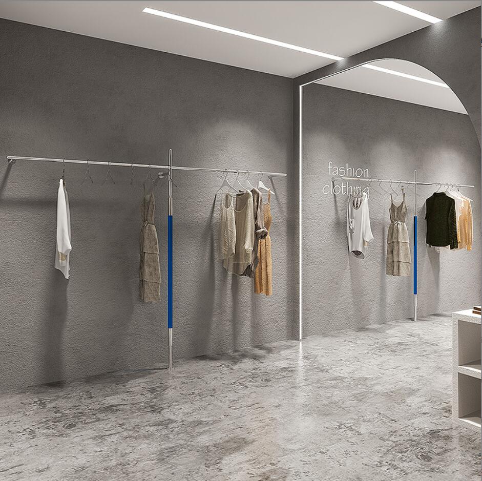 Clothing store display rack Commercial Furniture women's wear wall hanging racks stainless steel floor type blue acrylic show shelf