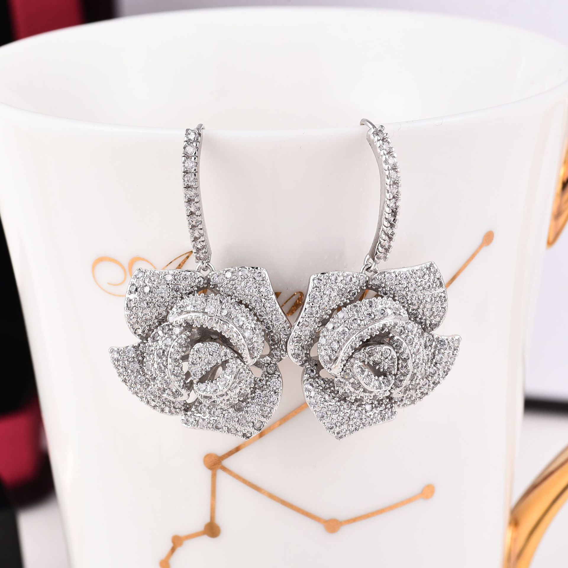 Top Quality Real White Gold Plated Zirconia Rose Flower Dangle Earrings for Women Bridal Wedding Jewelry