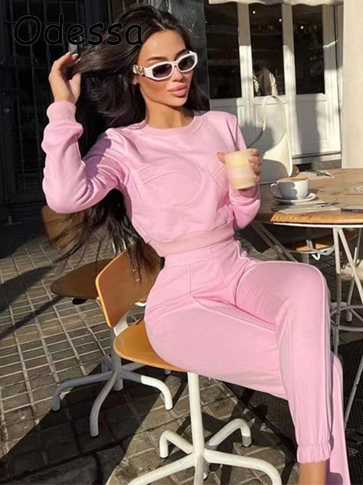 Odessa Autumn Solid Two Piece Set Women's Outfits Fashion O Neck Long Sleeve Crop TopsHollow Out Casual Pants Suits Sporty Suit 220817