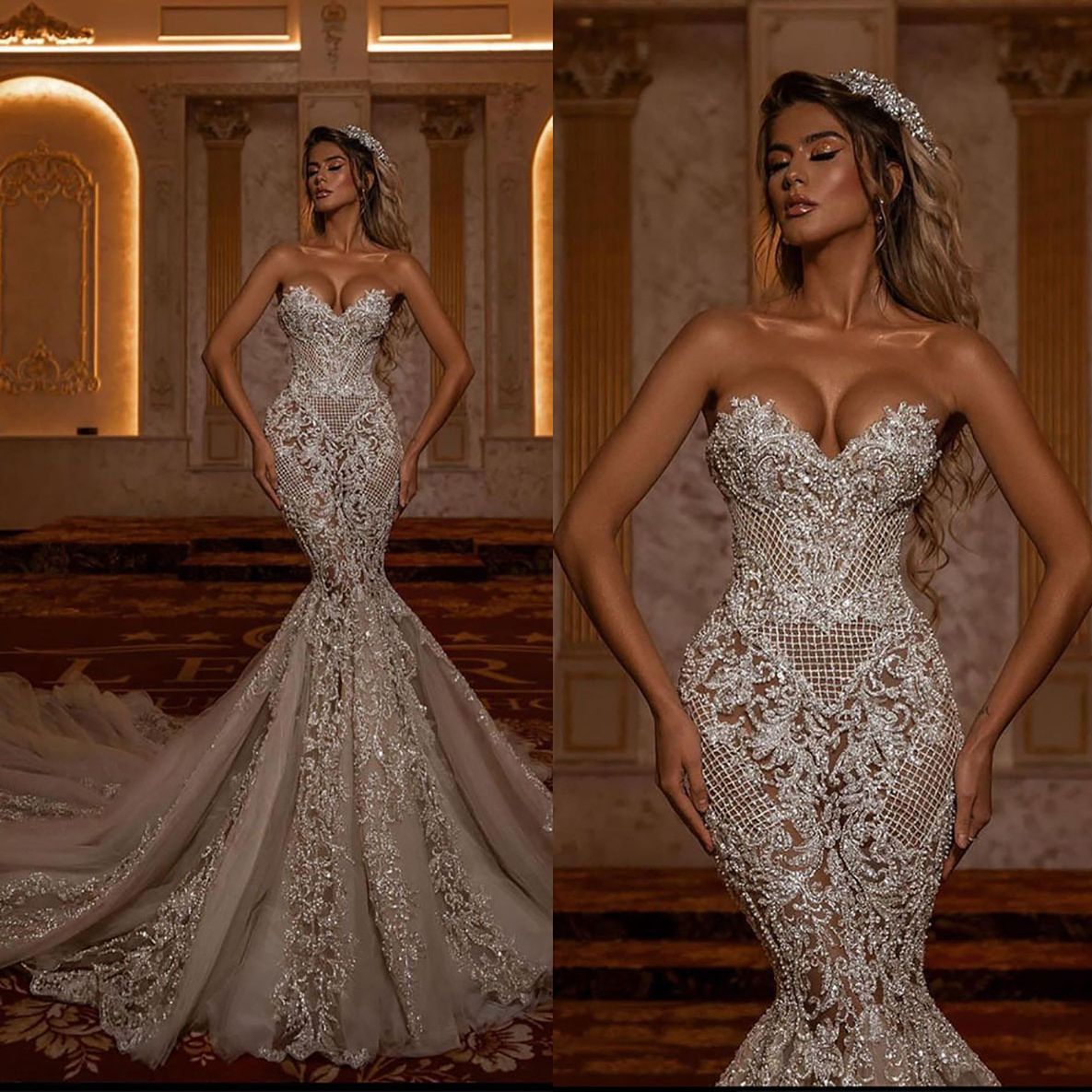Exquisite Strapless Mermaid Wedding Dress Sweetheart Sequined Lace Arabic Sweep or Trumpet Bridal Gowns Robe De Soiree