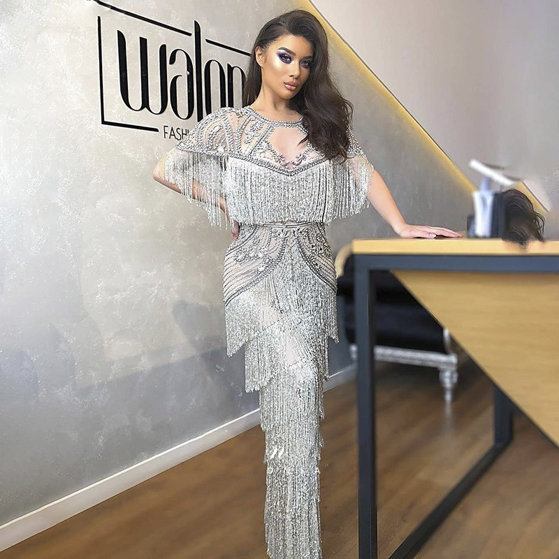 Luxury Arabic Aso Ebi Mermaid Evening Pageant Dresses Sparkly Beaded Crystal Tassel Dubai Silver Prom Party Engagement Gowns Yousef Aljasmi