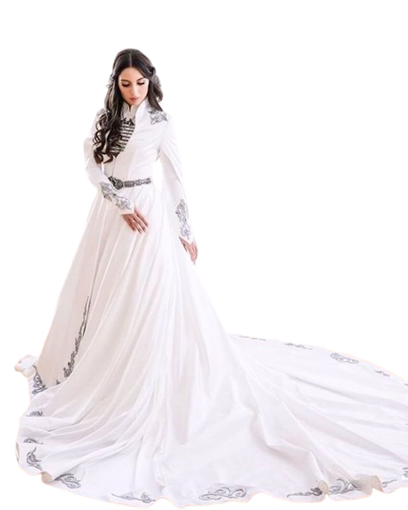 Vintage White Caftan Pantalon Marocain Wedding Dress with Cape Sleeve Black Embroidery High Neck Muslim Kaftan Bridal Gowns