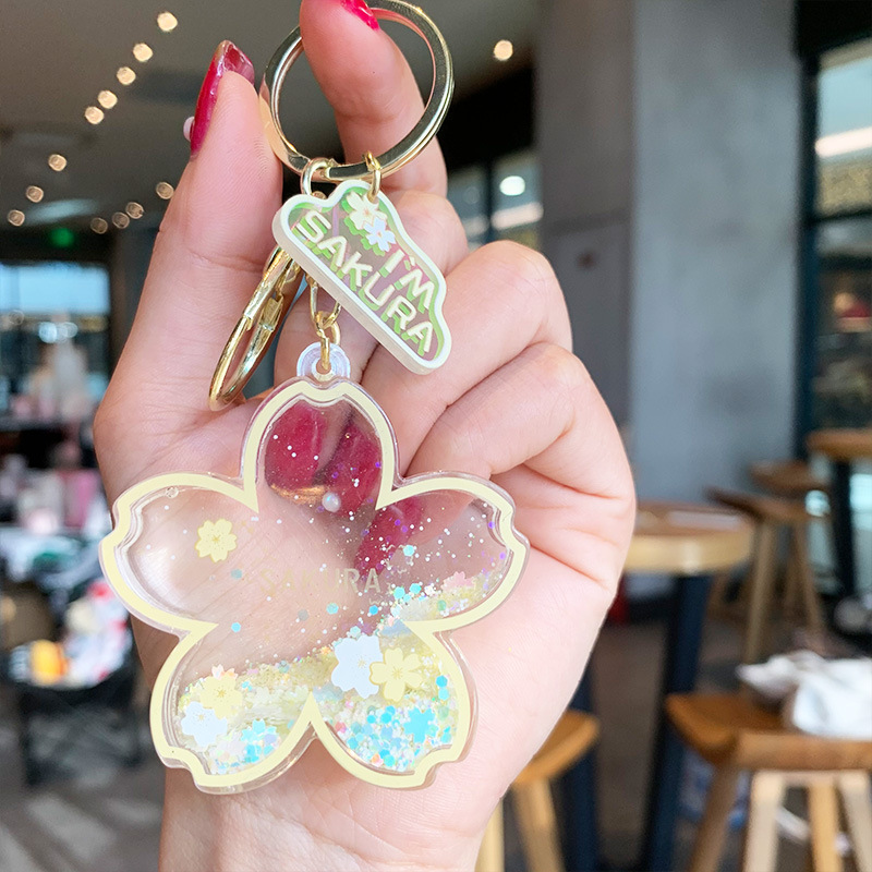 Acrylic Flower Keychains Sakura Car Key Chain Ring Accessories Women Fashion Schoolbag Pendants Bag Charms Cute Gold Metal Keyrings Jewelry for Girls 