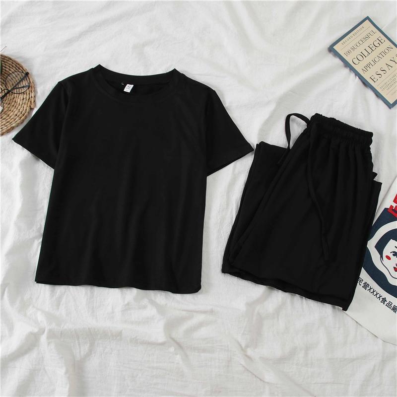 Women 2022 Summer Jogger Casual Simple Daily Sets Solid Tracksuit Short Sleeve Tops Wide Leg Pants 2Pcs Suits Sport Wear L201