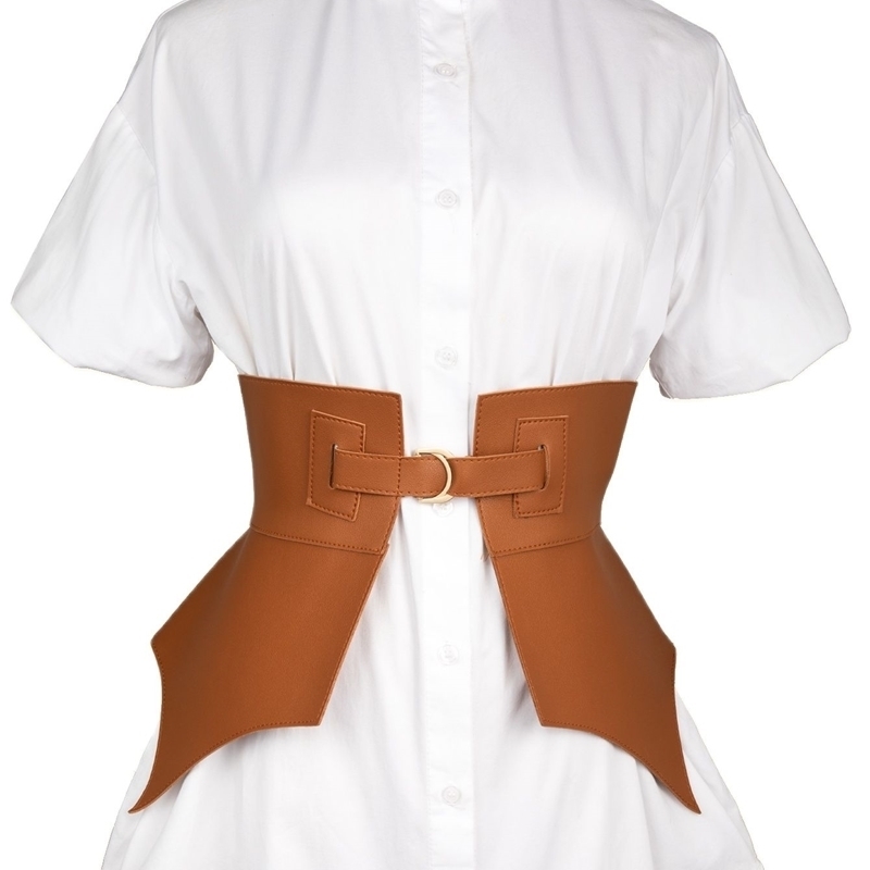 Brown Irregular Pu Leather Long Wide Belt Punk Style Women Fashion Autumn Winter PU Waistband Corset Belts 220615