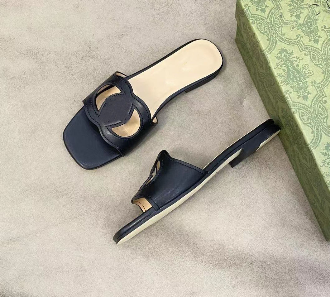 Italy Women Sandal flat slide Interlocking High-quality Leather Slippers G Cut-out Slides Sandal Calf Leathers Sexy Flats Ladies Fashion Cutout Wear Shoes Box
