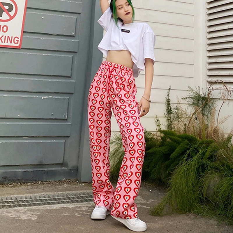 Missnight Pink Pants Heart Printed Straight Elastic High Waist Drawstring Fashion Streetwear Vintage Harajuku 220325