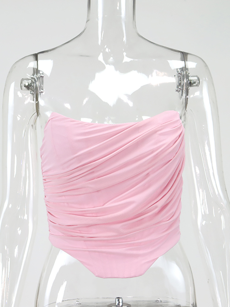 Asia Boning Mesh Corset Tops Women Slash Neck Backless Ruched Sexy Summer Crop Pink Strapless Tank Lavender Cropped 220316