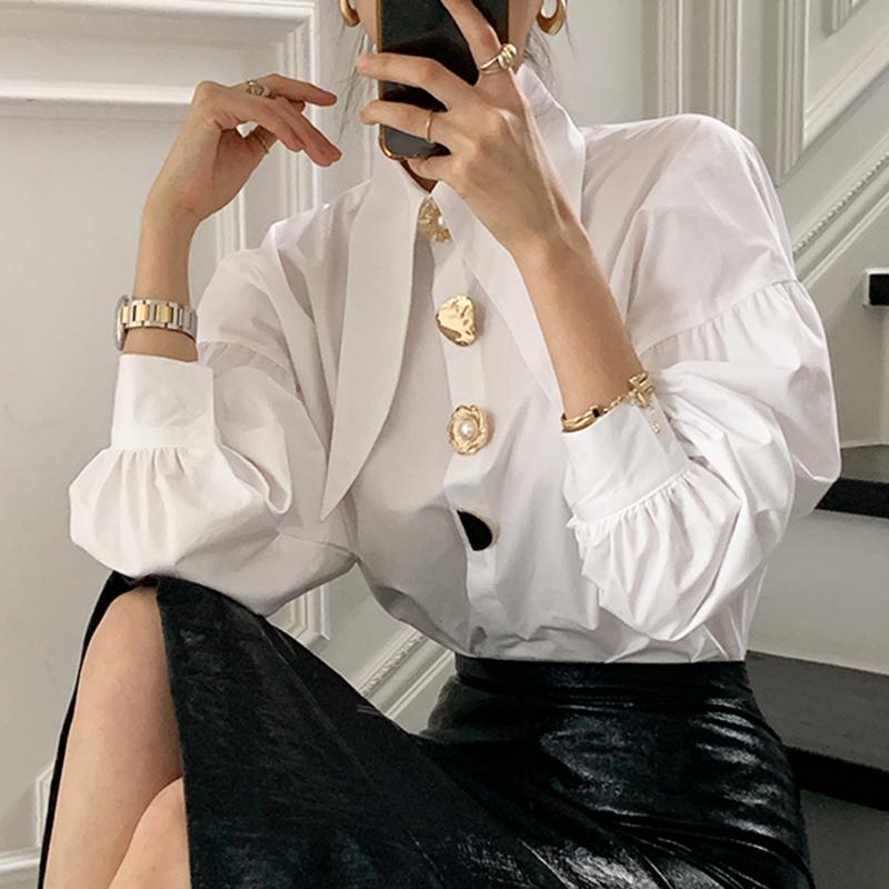 Women's Blouses & Shirts Designer Metal Buttons Spring Blouse Women Lantern Sleeve White Tops Turn Down Collar Korean Top Elegant Offi