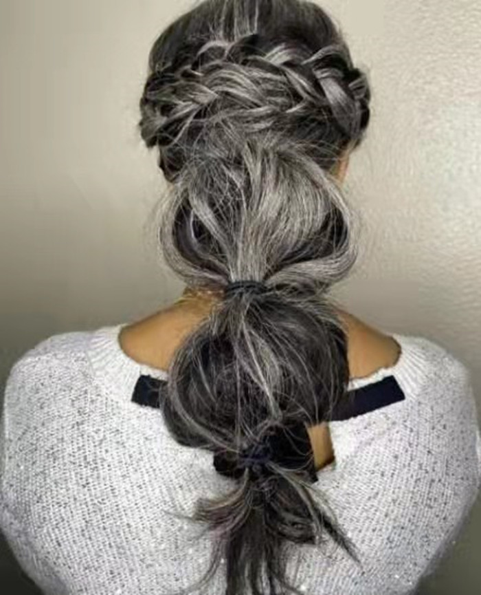 Wavy curly gray ponytail hair extension grey ribbon wrap around human pony tail salt and pepper hot fashion on sale 120g 1pcs