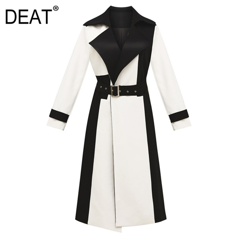 DEAT Woolen Coat Women Long Length With Sashes Slim Lapel Collar Hit Color High Street Slim Autumn Fashion AM617 201221