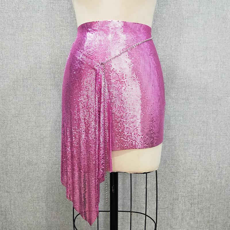 Skirts Sexy Club Silver Aluminum Sequin Metallic Asymmetric Metal Mesh Chainmail BirthdayParty Skirt7767586