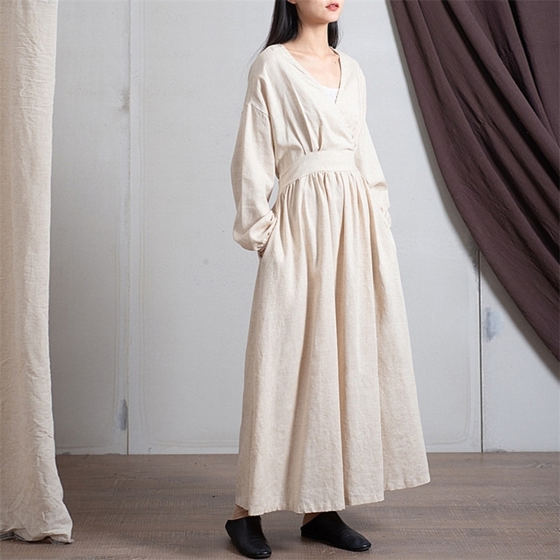 Johnature Spring Cotton Linen New Vneck Loose Solid Color Long Vintage Dress New 3 Colors Chinese Style Women Dresses T200319