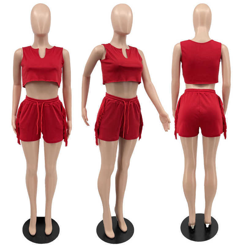 Summer 2023 Tassels Women Tracksuits Vest Shorts Solid 2PCS Set Crop Top Drawstring Short Pants Outfits