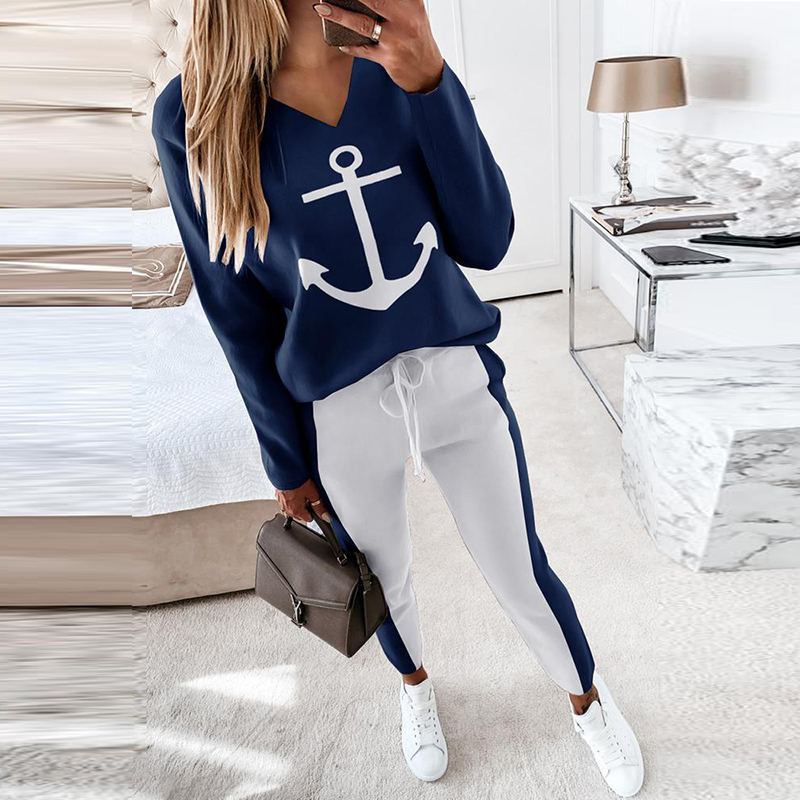 Women Casual V-Neck Full Sleeve Elastic Waist 2PCS Suits Loose Printing Pants Sets Fashion Elegant Streetwear Drop 220315
