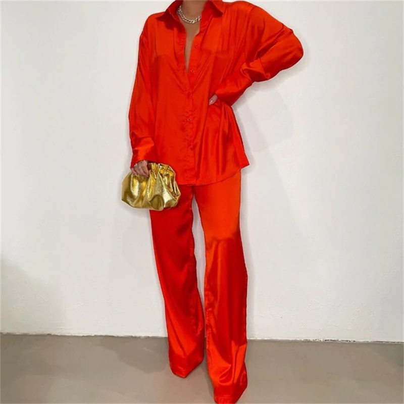 Adogirl Solid Satin Two Piece Set Women Casual Loose Suit Single Breasted Turn Down Collar Long Sleeve Shirt Top Wide Leg Pants 220719