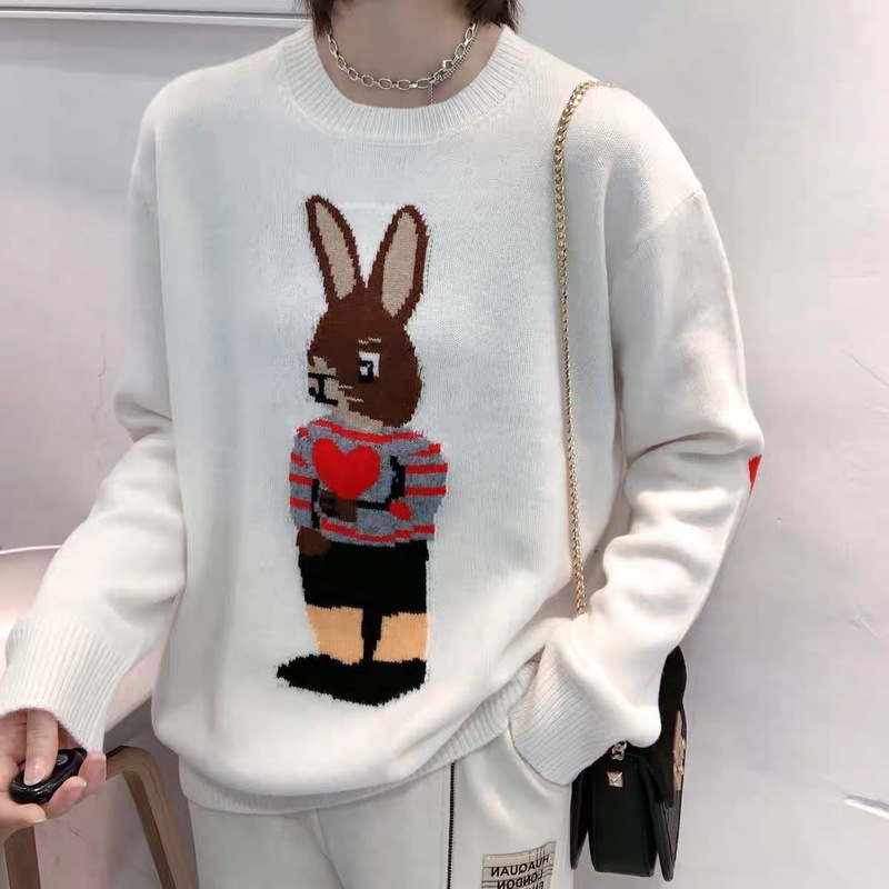 Autumn and winter womens cashmere sweater womens loose Pullover fashionable embroidered Mr rabbit sweater womens round W220817