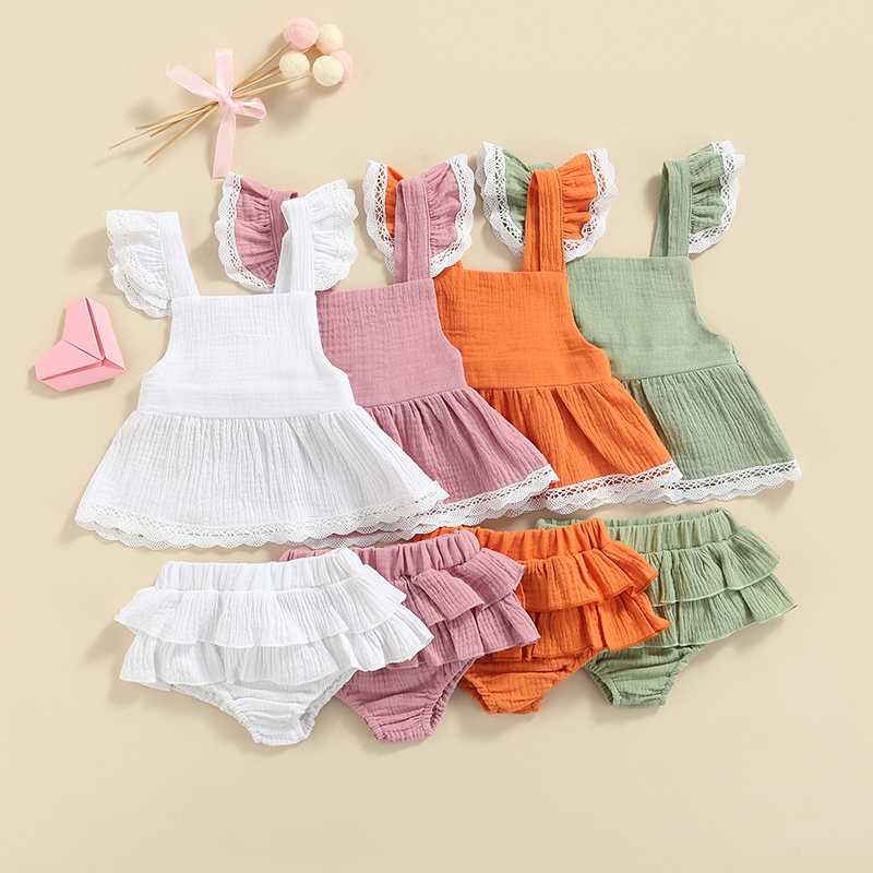 Sumemr born Baby Girl Clothes Set 2pcs Solid Lace Ruffles Sleeve Backless Tops DressLayered Tutu Shorts Cotton Linen Outfits 220607