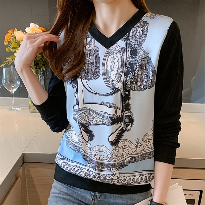 Fashion Women's Tshirt Casual Tops printing T Shirt Basic bottoming shirts Ladies v-neck Long Sleeve Tee 220328