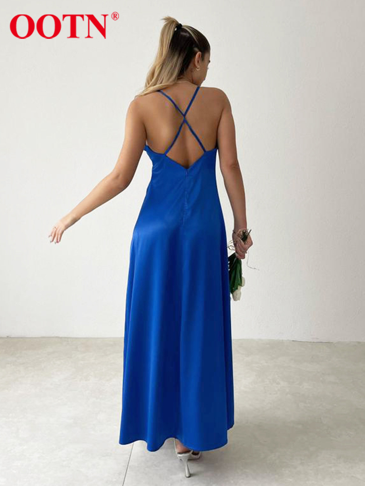 OOTN Satin V-Neck Strap Party Dress Sexy Backless Cross Bandage Prom Dress Blue Summer A-Line Thin Maxi Dress Women Elegant Chic 220511