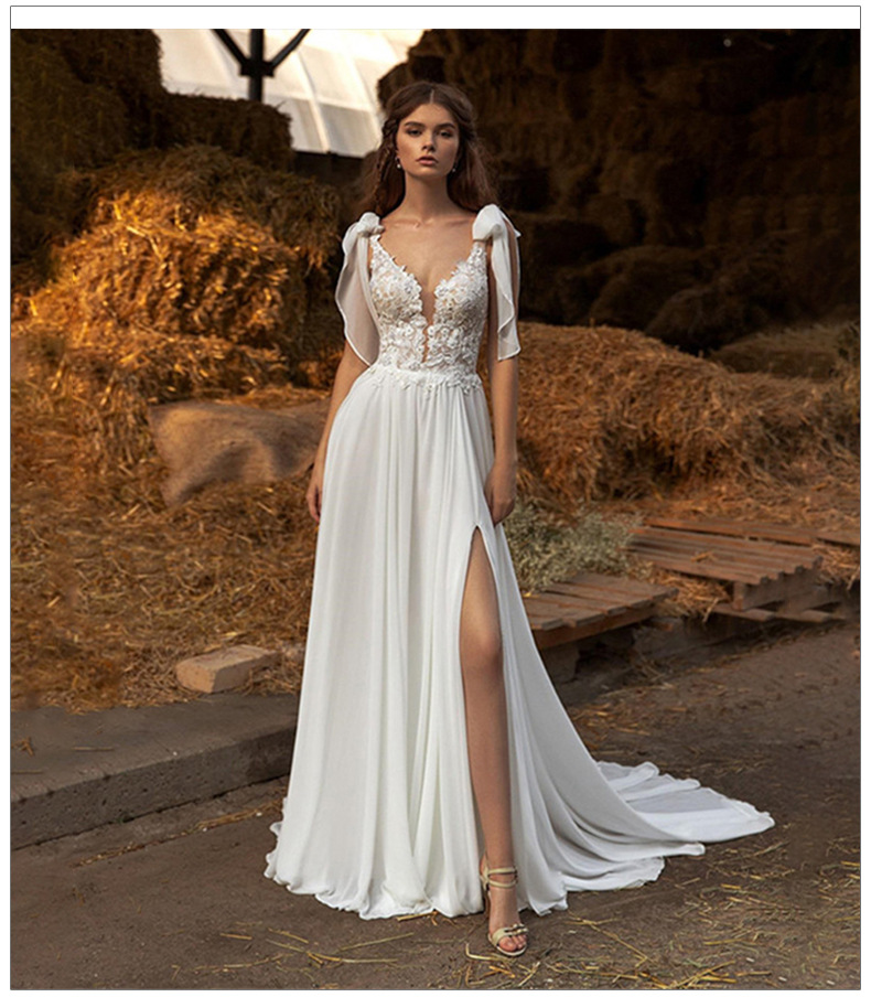 Chic Boho A Line Wedding Dress 2022 Civil V Neck Cap Sleeve Chiffon Beach Bohemian Wedding Dresses With Slit Backless Bride Robe De Mariage Women Vest